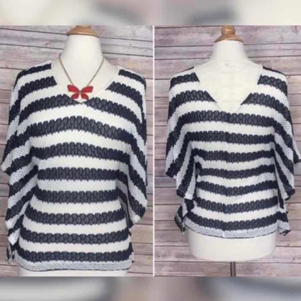 Poema-Navy blue and cream striped sweater-hidden side seams-NWOT-Sz Med.